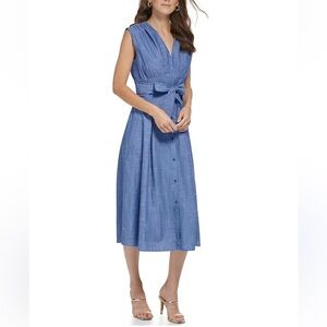 Dkny Sleeveless Blue V-Neck Midi Dress with Tie Waist